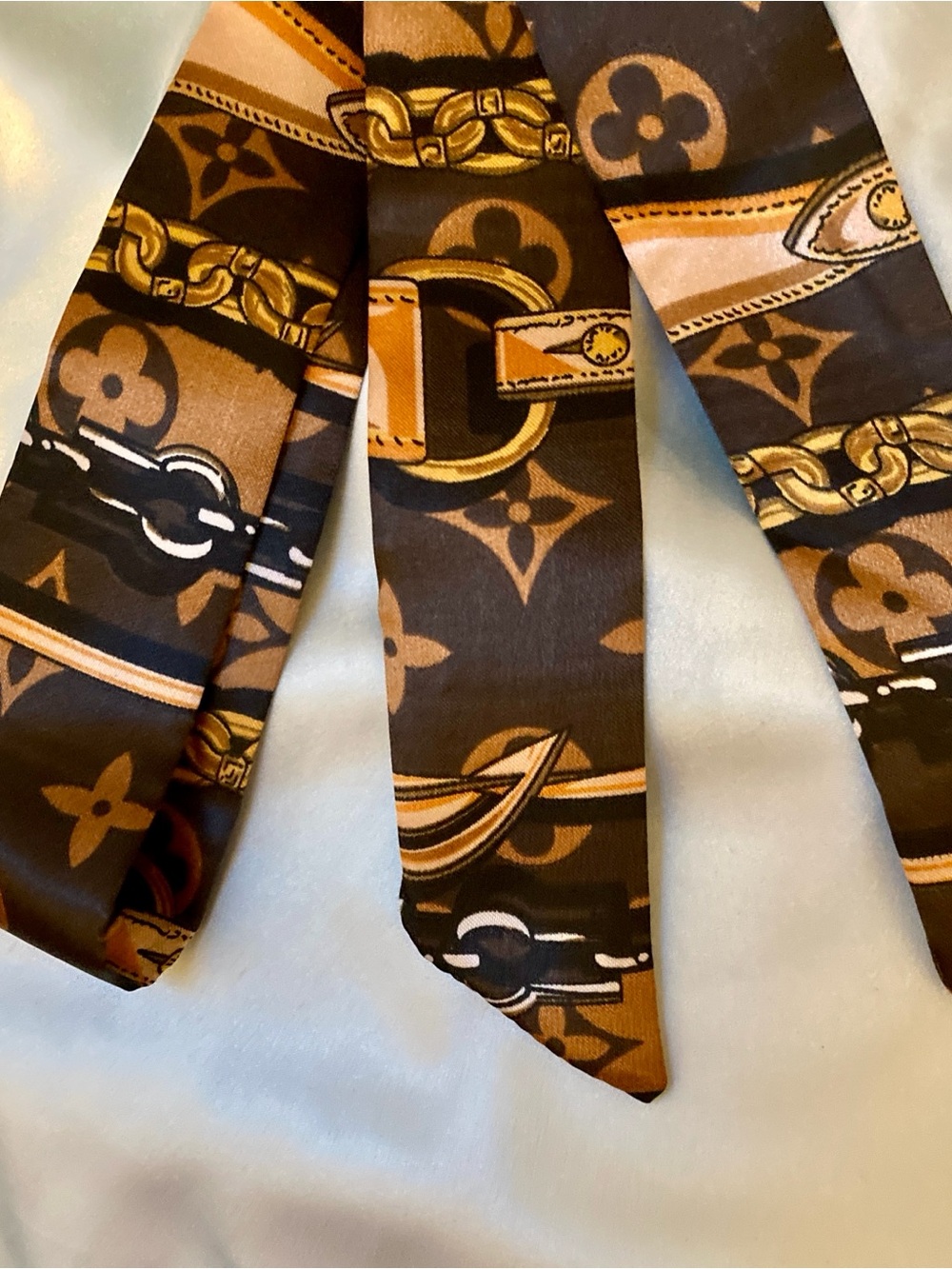 Silk Twilly Scarf in Brown & Tan Monogram Print New